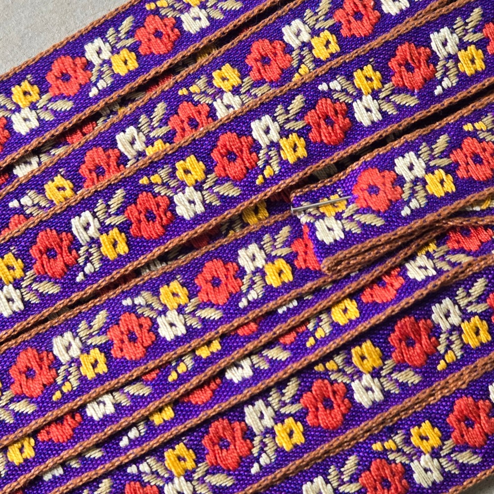 Vintage 60s, 70s Purple Dainty Floral Ribbon Trim Red Yellow Woven Folk 0.5 Inch